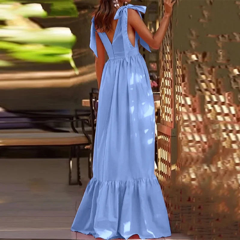 Sexy Summer Women V-Neck Sling Backless Dress Elegant Hollow Out BowKnot Long Party Dress Fashion Femme Dot Maxi Dress Vestido