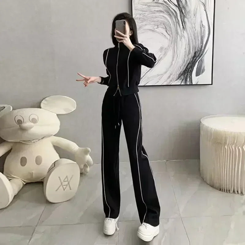 Spring and Autumn Sports Suit Women's Fashion Casual Long Sleeve Cardigan Coat+Loose Wide Leg Pants Two Piece Set