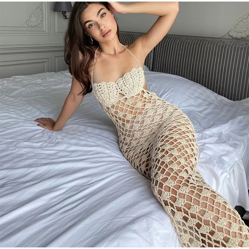 Casual Summer Knit Women's Long Dresses Fashion Hollow Out Sleeveless Hip Package Slim Female Dress Holiday Lace Up Lady Robe