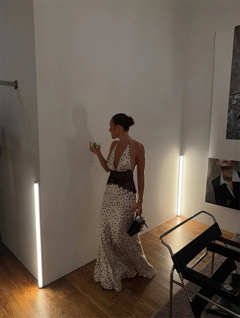 Mozision Polka Dot Backless Sexy Maxi Dress Women Gown Elegant Patchwork Lace Halter Deep V Neck Sleeveless Bodycon Club Dress