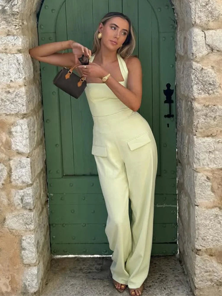 Halter Waist Cinched Top Straight Leg Pants Two Piece Set Commuter Slim Fit Hanging Neck Camisole Blouse High Waisted Trousers