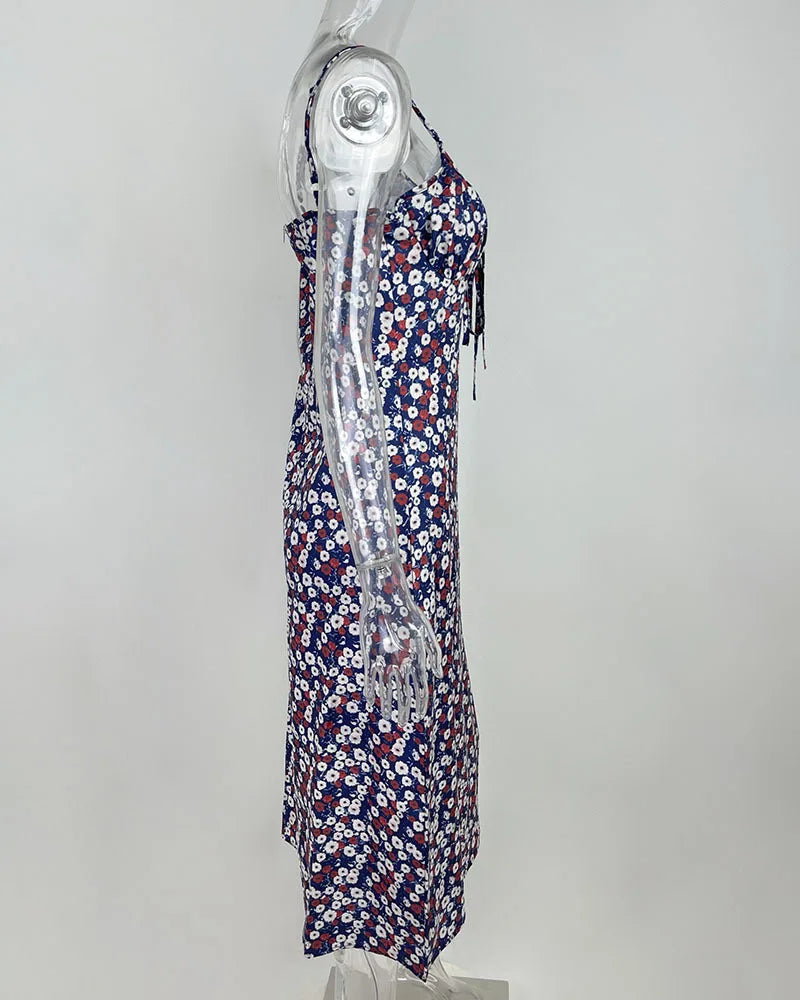 Flower Printed Spaghetti Strap Dresses For Women Sexy Low Cut Beach Party Slim Slit Dress Chic Bodycon Lady Sleeveless Vestidos