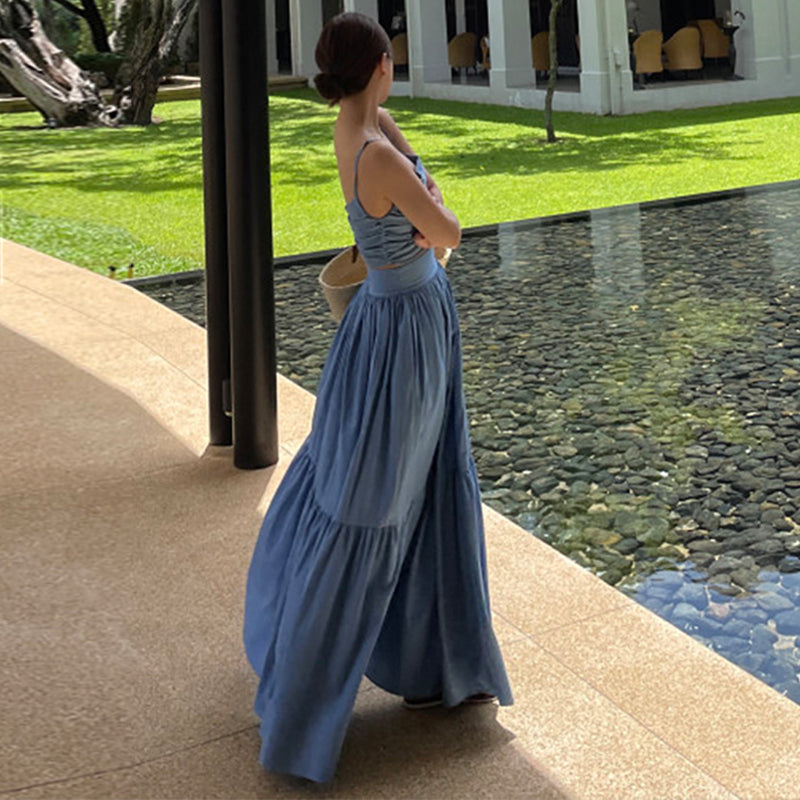 Neploe Sexy Two Piece Set 2025 Summer Femme French Style V-neck Slim Fit Short Suspended Tank Top High Waist Large Swing Skirt