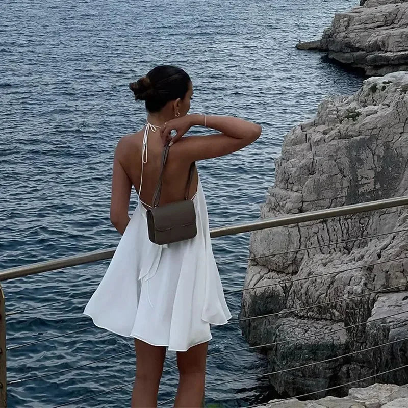 Solid Halter Lace Up Mini Dress Elegant Off Shoulder Backless A-line Loose Gown For Women 2025 Casual Summer Vacation Beach Gown