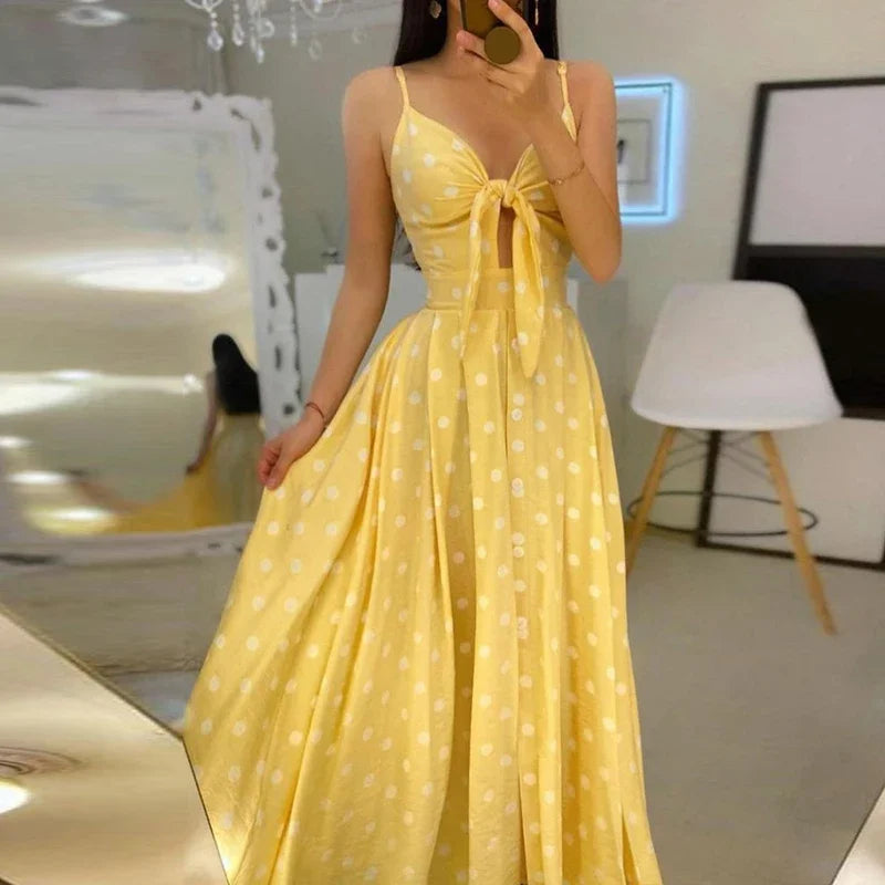 Sexy Summer Women V-Neck Sling Backless Dress Elegant Hollow Out BowKnot Long Party Dress Fashion Femme Dot Maxi Dress Vestido
