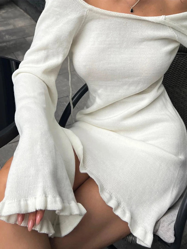 2025 Women Ins Style Sexy Backless Neck-hanging Long Sleeve Fishtail Dress Knit Beachwear Summer Swimsuit Bikini Cover-ups A2825