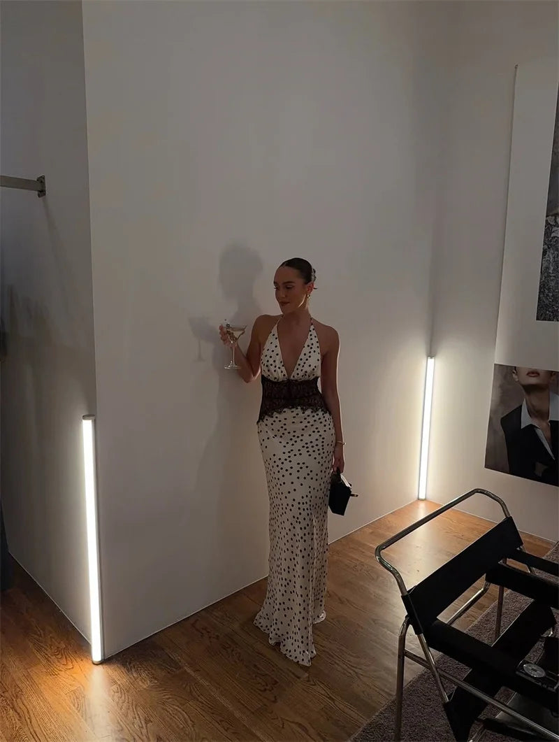 Mozision Polka Dot Backless Sexy Maxi Dress Women Gown Elegant Patchwork Lace Halter Deep V Neck Sleeveless Bodycon Club Dress
