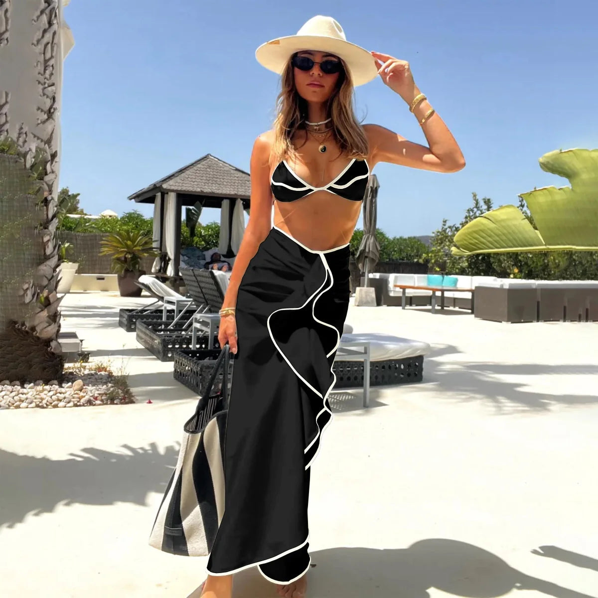 3 Pieces Sexy Bikini Set Black White Bikinis Women Swimsuit Female Elegant Swimwear Long Skirt Bathing Suit Beachwear Cover Up