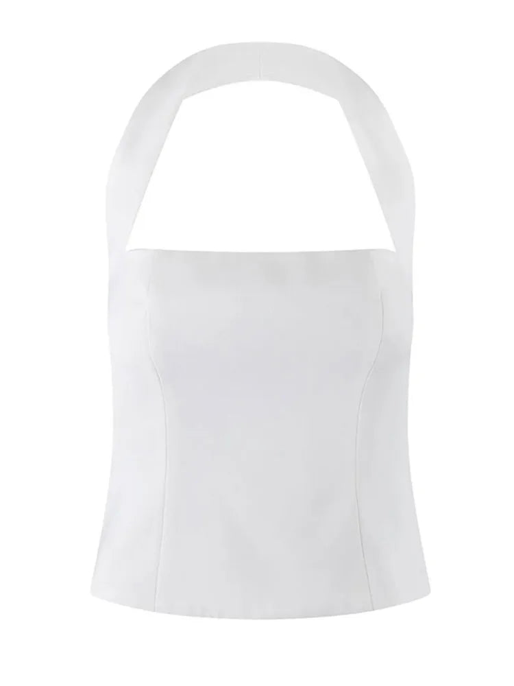 Halter Waist Cinched Top Straight Leg Pants Two Piece Set Commuter Slim Fit Hanging Neck Camisole Blouse High Waisted Trousers