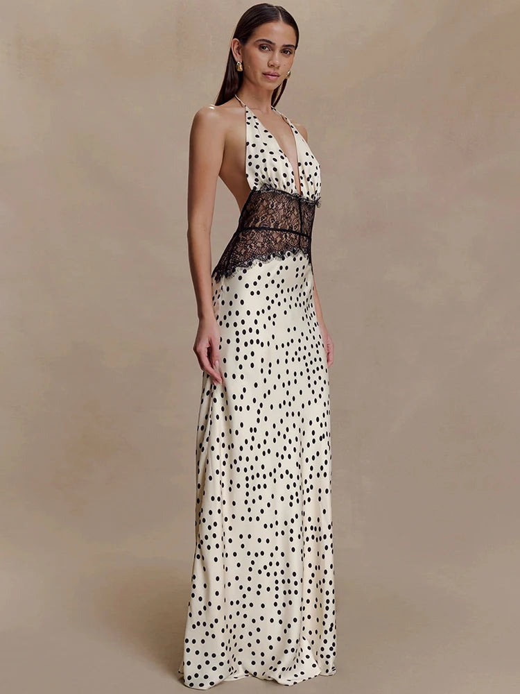 Mozision Polka Dot Backless Sexy Maxi Dress Women Gown Elegant Patchwork Lace Halter Deep V Neck Sleeveless Bodycon Club Dress