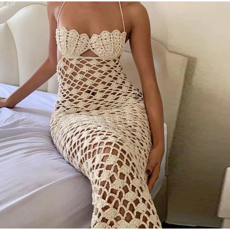 Casual Summer Knit Women's Long Dresses Fashion Hollow Out Sleeveless Hip Package Slim Female Dress Holiday Lace Up Lady Robe
