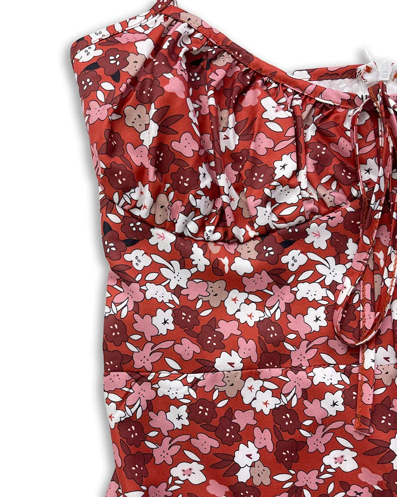 Flower Printed Spaghetti Strap Dresses For Women Sexy Low Cut Beach Party Slim Slit Dress Chic Bodycon Lady Sleeveless Vestidos