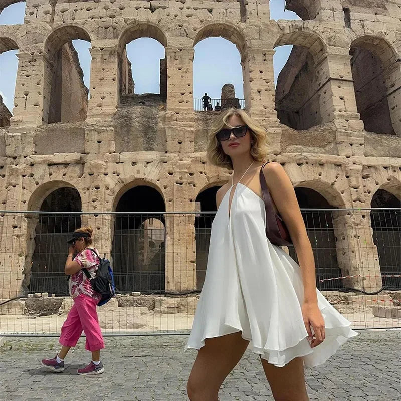 Solid Halter Lace Up Mini Dress Elegant Off Shoulder Backless A-line Loose Gown For Women 2025 Casual Summer Vacation Beach Gown